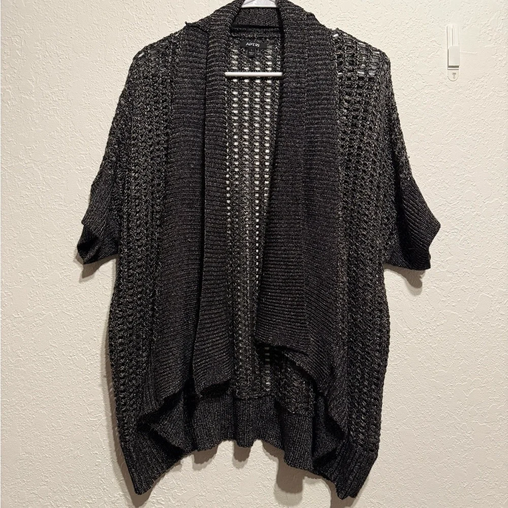 Apt. 9 Metallic Dark Gray Open Knit Cardigan Women’s Size L Half Sleeve Sweater